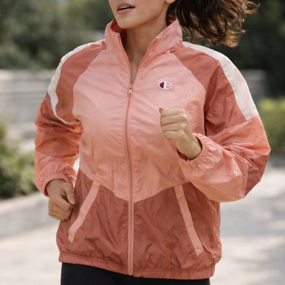 🌸 Champion Colorblock Zip-Up Windbreaker – Peach & Coral 🌸 Size Small Y2K